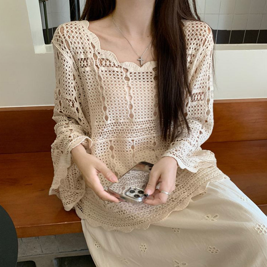 ショッピングゴー shoppinggo ニット 透かし編み シアーニット 透かし編みニット レディース 長袖クロシェ編みトップス 薄い ラウンドネック レトロ 透け感ニット 薄い シンプル アウター 無地 (ベージュ) ベージュ