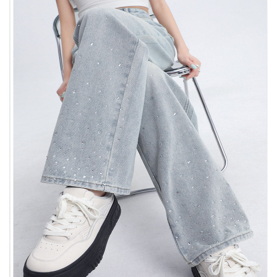 ショッピングゴー shoppinggo ラインストーンデニムパンツ ビジュジーパン ベルボトム ジーンズパンツ ボトムス 大人 かわいい レディース 韓国ファッション (ライトブルー) ライトブルー