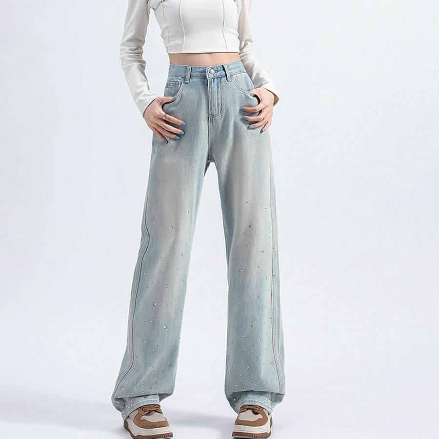 ショッピングゴー shoppinggo ラインストーンデニムパンツ ビジュジーパン ベルボトム ジーンズパンツ ボトムス 大人 かわいい レディース 韓国ファッション (ライトブルー) ライトブルー