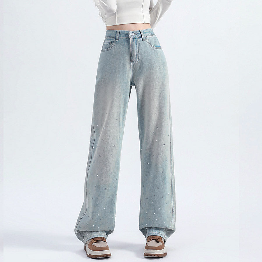 ショッピングゴー shoppinggo ラインストーンデニムパンツ ビジュジーパン ベルボトム ジーンズパンツ ボトムス 大人 かわいい レディース 韓国ファッション (ライトブルー) ライトブルー