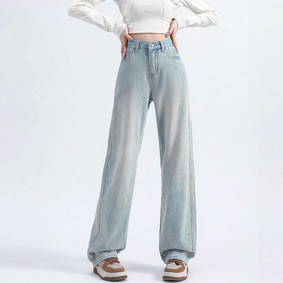 ショッピングゴー shoppinggo ラインストーンデニムパンツ ビジュジーパン ベルボトム ジーンズパンツ ボトムス 大人 かわいい レディース 韓国ファッション (ライトブルー) ライトブルー