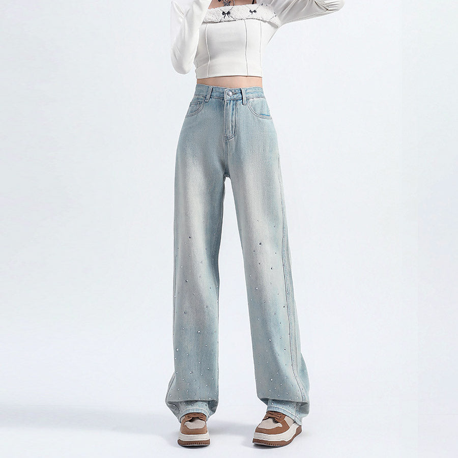 ショッピングゴー shoppinggo ラインストーンデニムパンツ ビジュジーパン ベルボトム ジーンズパンツ ボトムス 大人 かわいい レディース 韓国ファッション (ライトブルー) ライトブルー