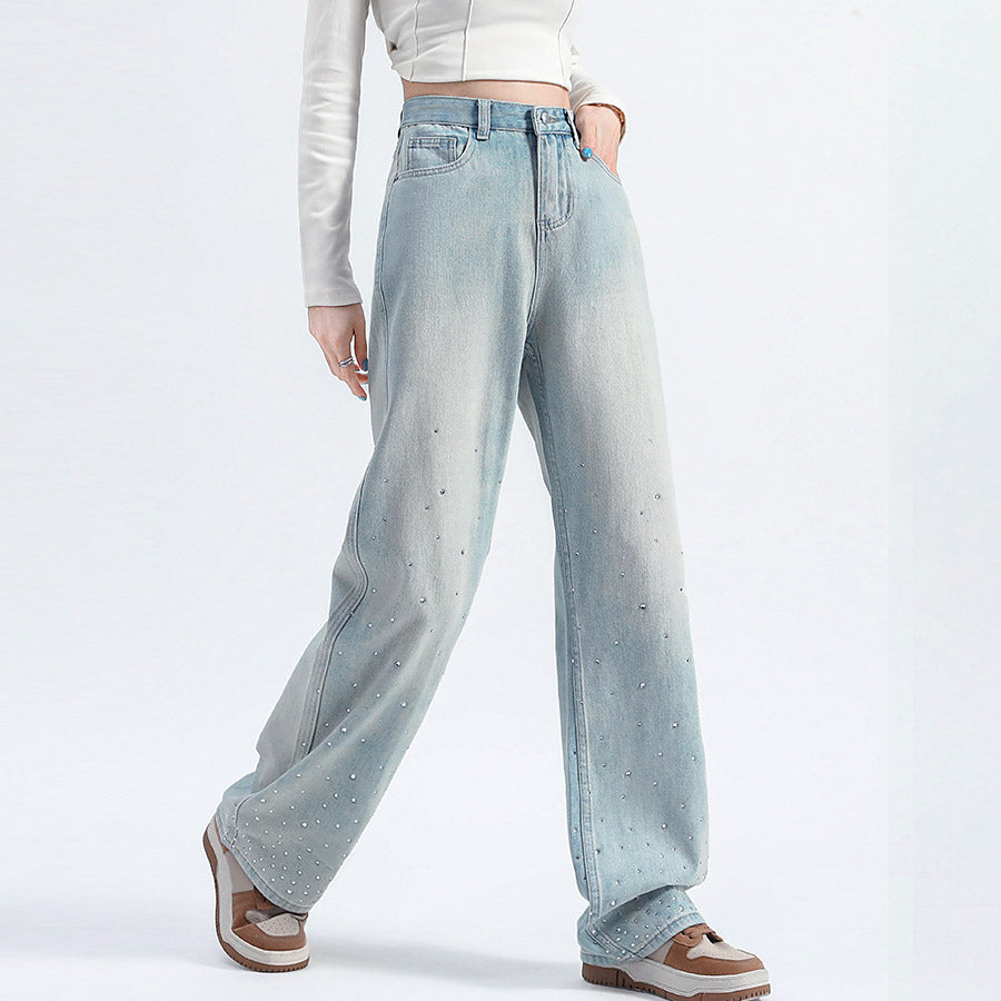 ショッピングゴー shoppinggo ラインストーンデニムパンツ ビジュジーパン ベルボトム ジーンズパンツ ボトムス 大人 かわいい レディース 韓国ファッション (ライトブルー) ライトブルー