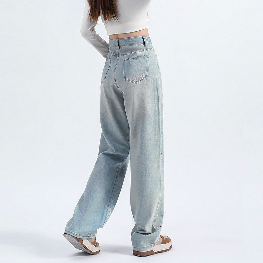 ショッピングゴー shoppinggo ラインストーンデニムパンツ ビジュジーパン ベルボトム ジーンズパンツ ボトムス 大人 かわいい レディース 韓国ファッション (ライトブルー) ライトブルー