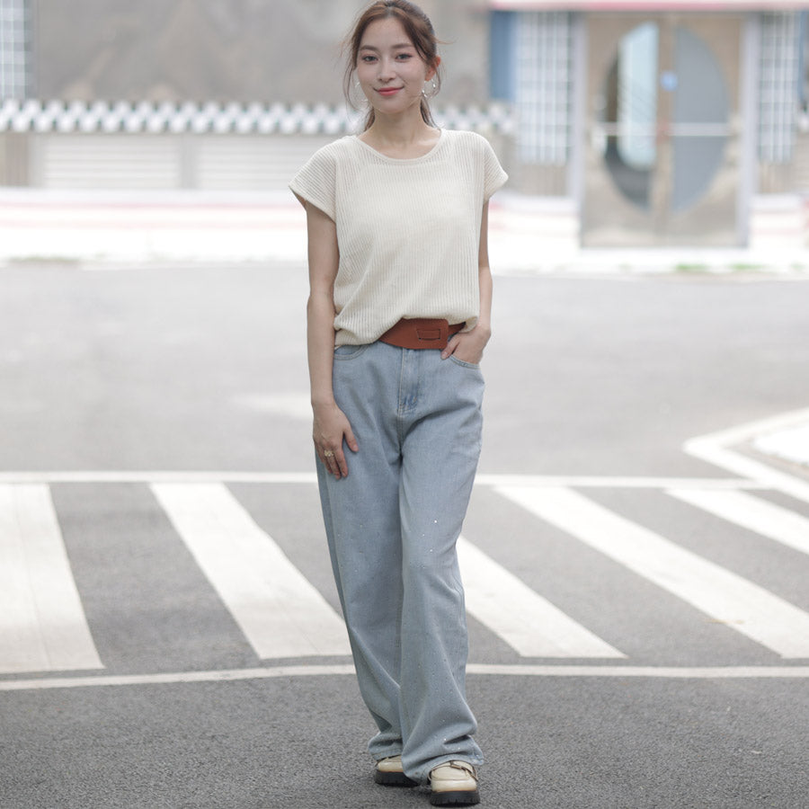 ショッピングゴー shoppinggo ラインストーンデニムパンツ ビジュジーパン ベルボトム ジーンズパンツ ボトムス 大人 かわいい レディース 韓国ファッション (ライトブルー) ライトブルー