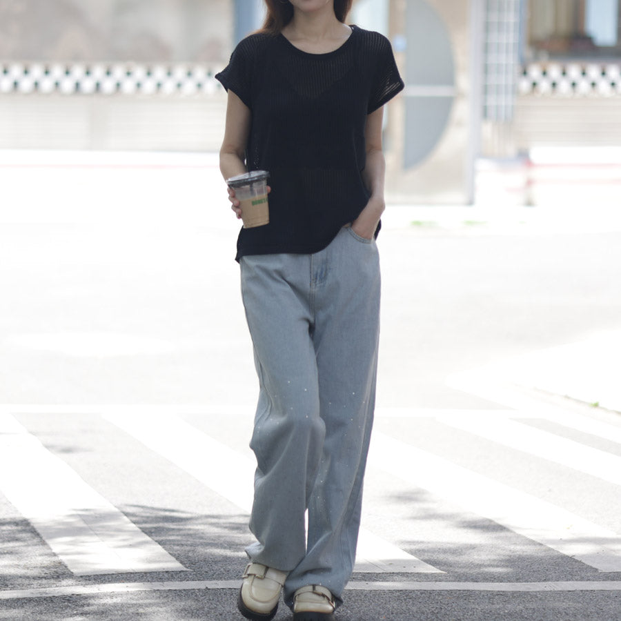 ショッピングゴー shoppinggo ラインストーンデニムパンツ ビジュジーパン ベルボトム ジーンズパンツ ボトムス 大人 かわいい レディース 韓国ファッション (ライトブルー) ライトブルー