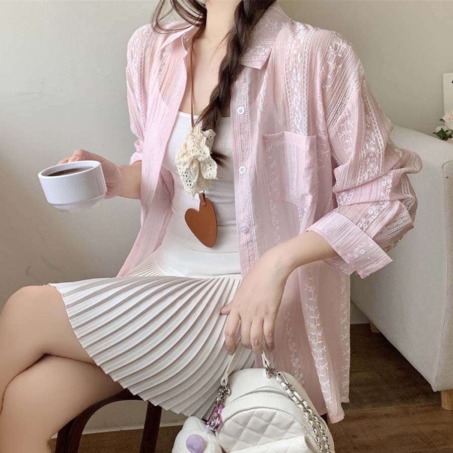 ショッピングゴー shoppinggo シャツカーディガン 3Dフラワープリント 透け感 UV対策 シャツ 花柄サマーカーディガン 薄手 夏カーディガン おしゃれ レディース 長袖 アウター (ピンク) ピンク