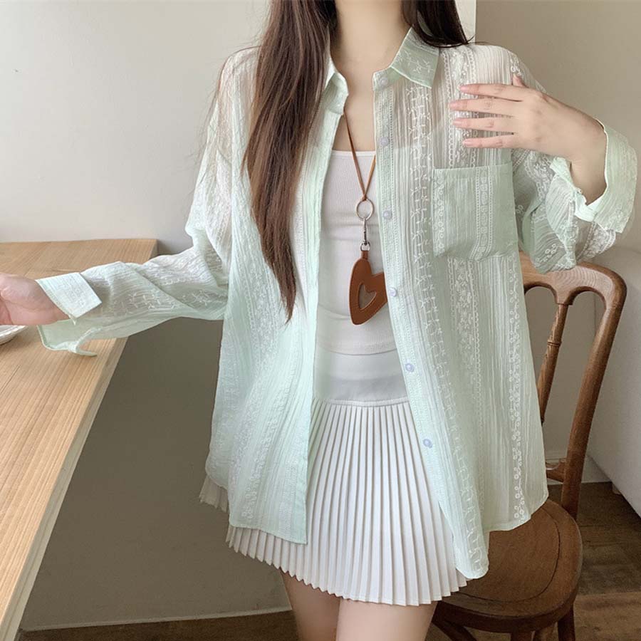 ショッピングゴー shoppinggo シャツカーディガン 3Dフラワープリント 透け感 UV対策 シャツ 花柄サマーカーディガン 薄手 夏カーディガン おしゃれ レディース 長袖 アウター (ライトグリーン) ライトグリーン