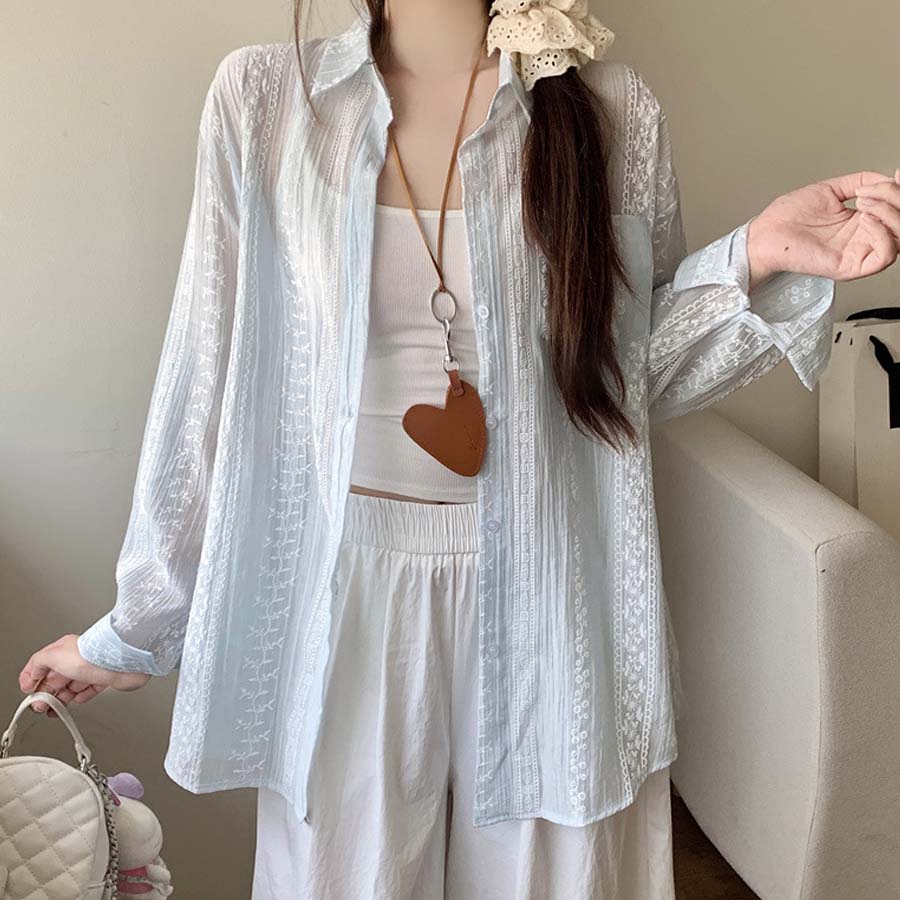 ショッピングゴー shoppinggo シャツカーディガン 3Dフラワープリント 透け感 UV対策 シャツ 花柄サマーカーディガン 薄手 夏カーディガン おしゃれ レディース 長袖 アウター (ライトブルー) ライトブルー