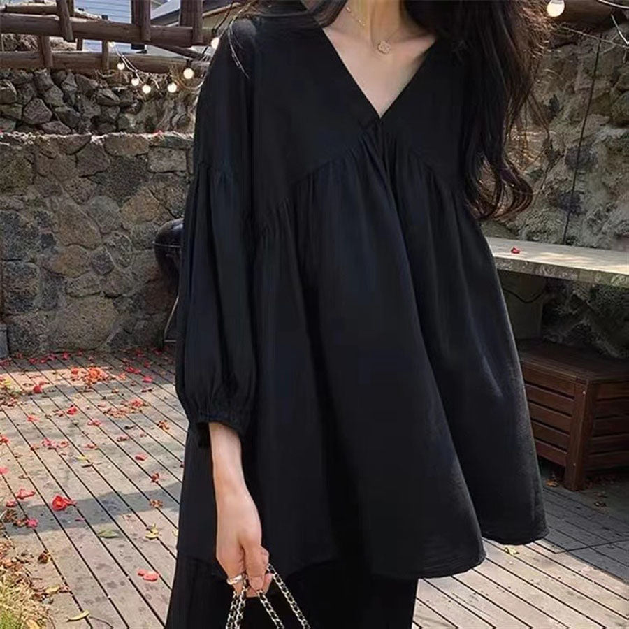 ショッピングゴー shoppinggo シャツ 秋服ブラウス Vネック スキッパーブラウス オフィスカジュアル 半袖 ブラウス 可愛い 洗える おしゃれ 韓国風 フォーマル 通勤OL (ブラック) ブラック