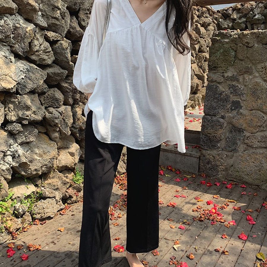 ショッピングゴー shoppinggo シャツ 秋服ブラウス Vネック スキッパーブラウス オフィスカジュアル 半袖 ブラウス 可愛い 洗える おしゃれ 韓国風 フォーマル 通勤OL (ブラック) ブラック