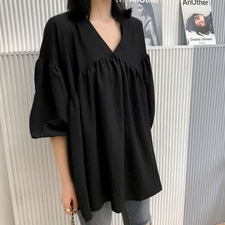 ショッピングゴー shoppinggo シャツ 秋服ブラウス Vネック スキッパーブラウス オフィスカジュアル 半袖 ブラウス 可愛い 洗える おしゃれ 韓国風 フォーマル 通勤OL (ブラック) ブラック