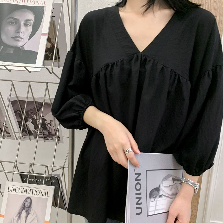 ショッピングゴー shoppinggo シャツ 秋服ブラウス Vネック スキッパーブラウス オフィスカジュアル 半袖 ブラウス 可愛い 洗える おしゃれ 韓国風 フォーマル 通勤OL (ブラック) ブラック