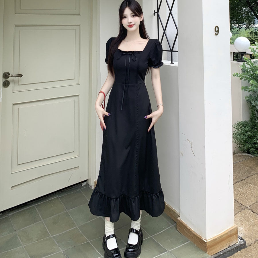 ショッピングゴー shoppinggo ロングワンピース フレア 4way 半袖 無地 クエアネック ロングフレアワンピース モレ丈 Aライン デート お出かけ きれいめ 無地 速乾 オフィス フォーマル 黒 丸首 伸縮性 マタニティ (ブルー) ブルー