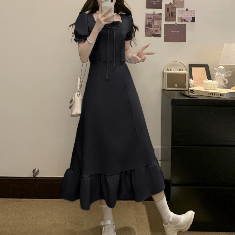 ショッピングゴー shoppinggo ロングワンピース フレア 4way 半袖 無地 クエアネック ロングフレアワンピース モレ丈 Aライン デート お出かけ きれいめ 無地 速乾 オフィス フォーマル 黒 丸首 伸縮性 マタニティ (ブルー) ブルー