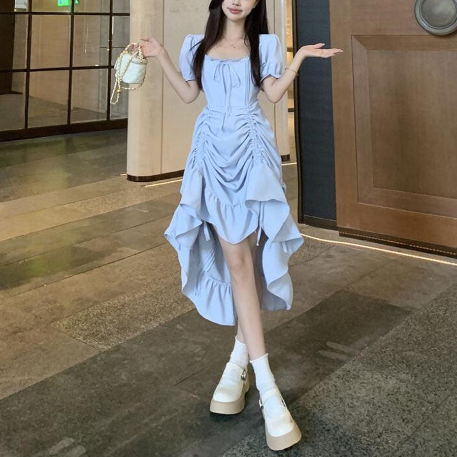 ショッピングゴー shoppinggo ロングワンピース フレア 4way 半袖 無地 クエアネック ロングフレアワンピース モレ丈 Aライン デート お出かけ きれいめ 無地 速乾 オフィス フォーマル 黒 丸首 伸縮性 マタニティ (ブルー) ブルー