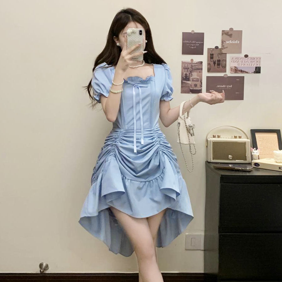 ショッピングゴー shoppinggo ロングワンピース フレア 4way 半袖 無地 クエアネック ロングフレアワンピース モレ丈 Aライン デート お出かけ きれいめ 無地 速乾 オフィス フォーマル 黒 丸首 伸縮性 マタニティ (ブルー) ブルー