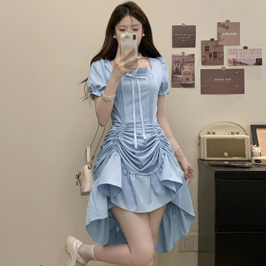 ショッピングゴー shoppinggo ロングワンピース フレア 4way 半袖 無地 クエアネック ロングフレアワンピース モレ丈 Aライン デート お出かけ きれいめ 無地 速乾 オフィス フォーマル 黒 丸首 伸縮性 マタニティ (ブルー) ブルー