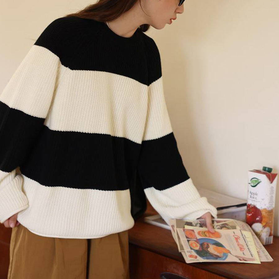 ショッピングゴー shoppinggo ニットセーター ボーダー柄 シンプル レディース ニット ゆったり ニットソー 着痩せ ボーダー柄 ファッション (ホワイトブラック) ホワイトブラック