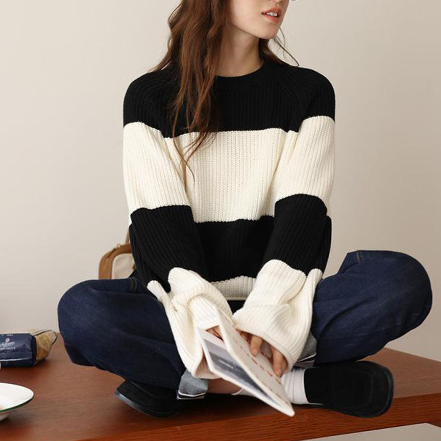 ショッピングゴー shoppinggo ニットセーター ボーダー柄 シンプル レディース ニット ゆったり ニットソー 着痩せ ボーダー柄 ファッション (ホワイトブラック) ホワイトブラック