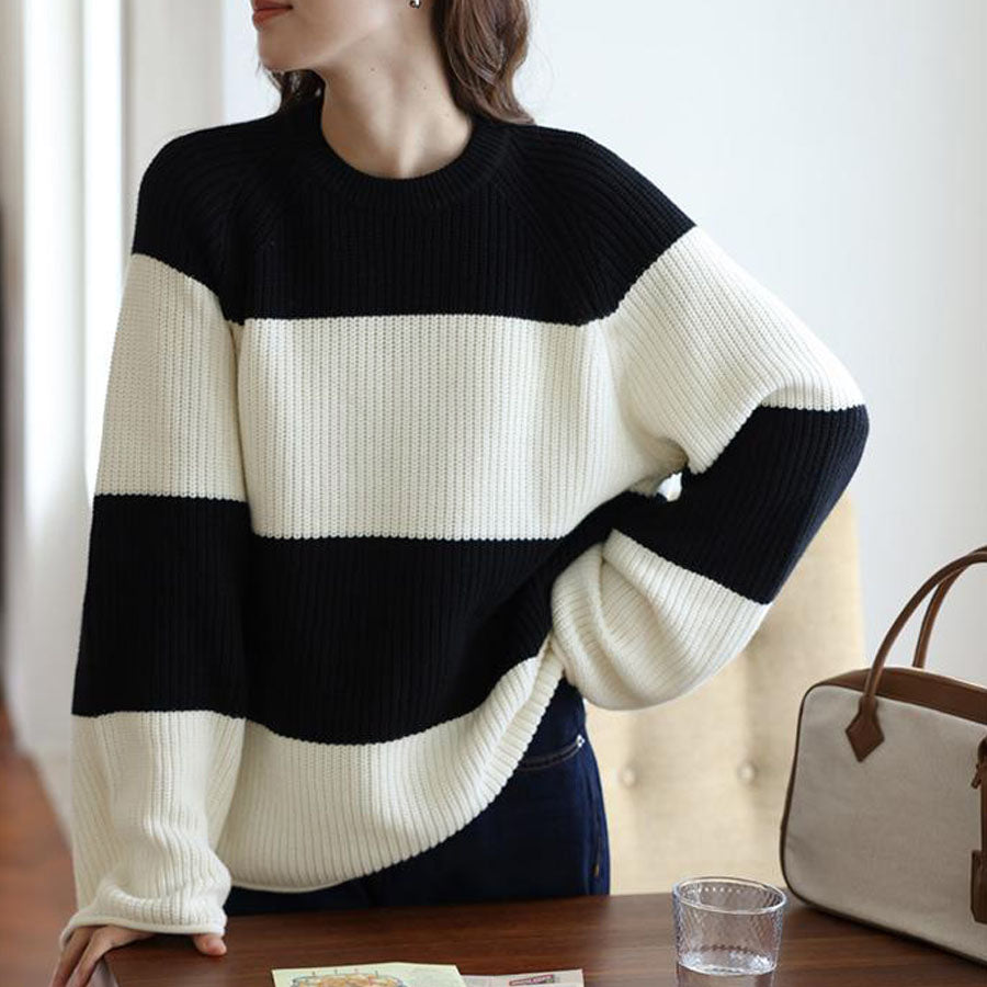 ショッピングゴー shoppinggo ニットセーター ボーダー柄 シンプル レディース ニット ゆったり ニットソー 着痩せ ボーダー柄 ファッション (ホワイトブラック) ホワイトブラック
