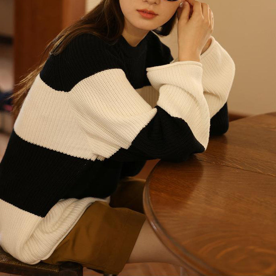 ショッピングゴー shoppinggo ニットセーター ボーダー柄 シンプル レディース ニット ゆったり ニットソー 着痩せ ボーダー柄 ファッション (ホワイトブラック) ホワイトブラック