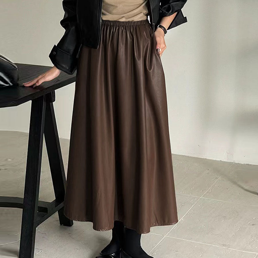 ショッピングゴー shoppinggo レザースカート レディース PUスカート 裏起毛ハイウエスト ロングスカート Aラインスカート マキシ丈 フレアスカート ギャザースカート カジュアル オシャレ (ブラウン) ブラウン