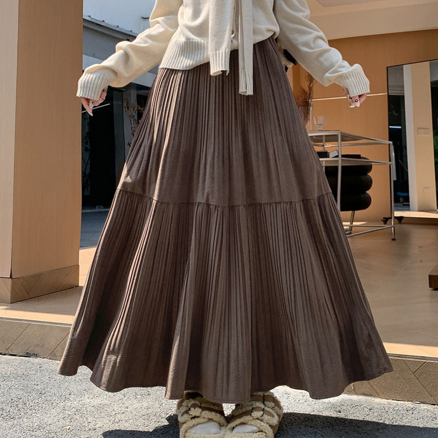 ショッピングゴー shoppinggo プリーツスカートロング黒 無地スカート ひざ下 フレアスカート ハイウェスト ボトムス 着痩せ 通勤 オシャレ Aラインスカート フレア裾 (ブラウン) ブラウン