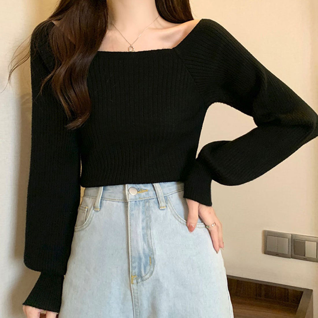 ショッピングゴー shoppinggo ニット トップス レディース韓国ファッション 長袖 ニット シンプル 通勤 オフィス (ブラック) ブラック