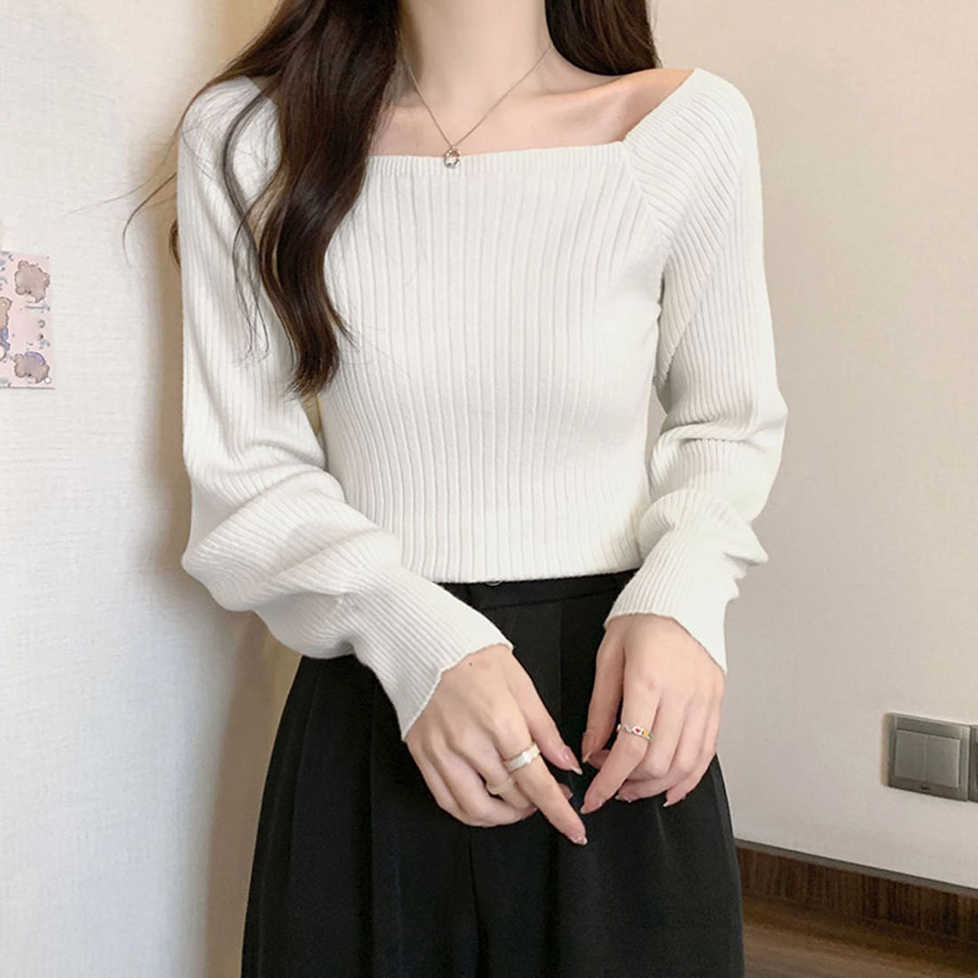 ショッピングゴー shoppinggo ニット トップス レディース韓国ファッション 長袖 ニット シンプル 通勤 オフィス (ブラック) ブラック