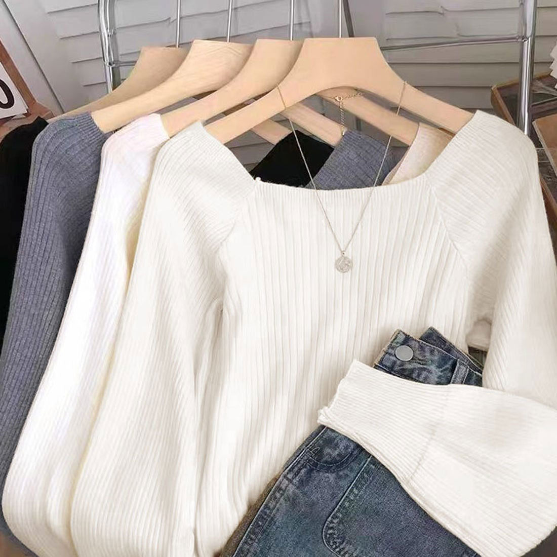 ショッピングゴー shoppinggo ニット トップス レディース韓国ファッション 長袖 ニット シンプル 通勤 オフィス (ブラック) ブラック