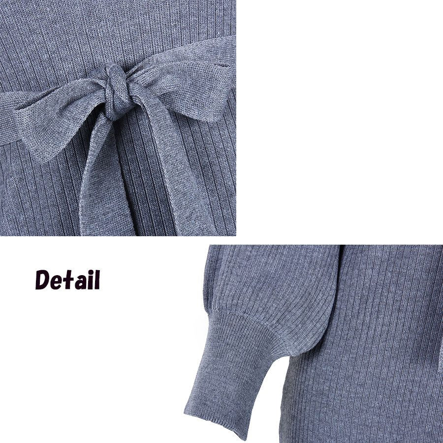 ショッピングゴー shoppinggo ニットロングワンピース 長袖 ウエストリボン リブニット バックスリット キレイめ 伸びるインナー使い