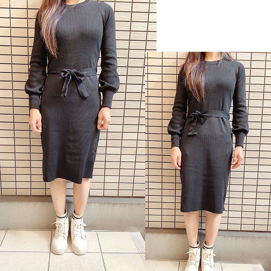 ショッピングゴー shoppinggo ニットロングワンピース 長袖 ウエストリボン リブニット バックスリット キレイめ 伸びるインナー使い