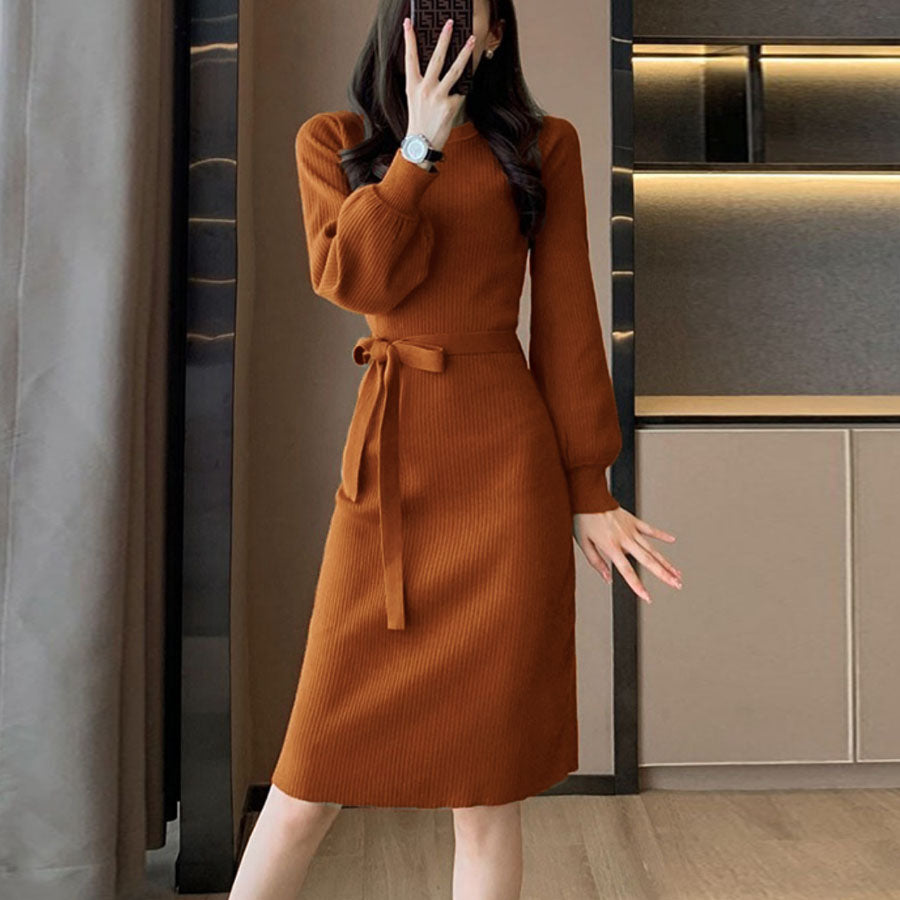 ショッピングゴー shoppinggo ニットロングワンピース 長袖 ウエストリボン リブニット バックスリット キレイめ 伸びるインナー使い