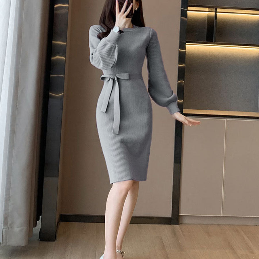 ショッピングゴー shoppinggo ニットロングワンピース 長袖 ウエストリボン リブニット バックスリット キレイめ 伸びるインナー使い