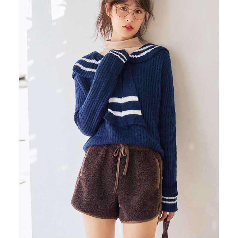 Shoppinggo shoppinggo Boa shorts, fleece lining, bottoms, elastic waist, loose winter pants, fluffy, cute, warm