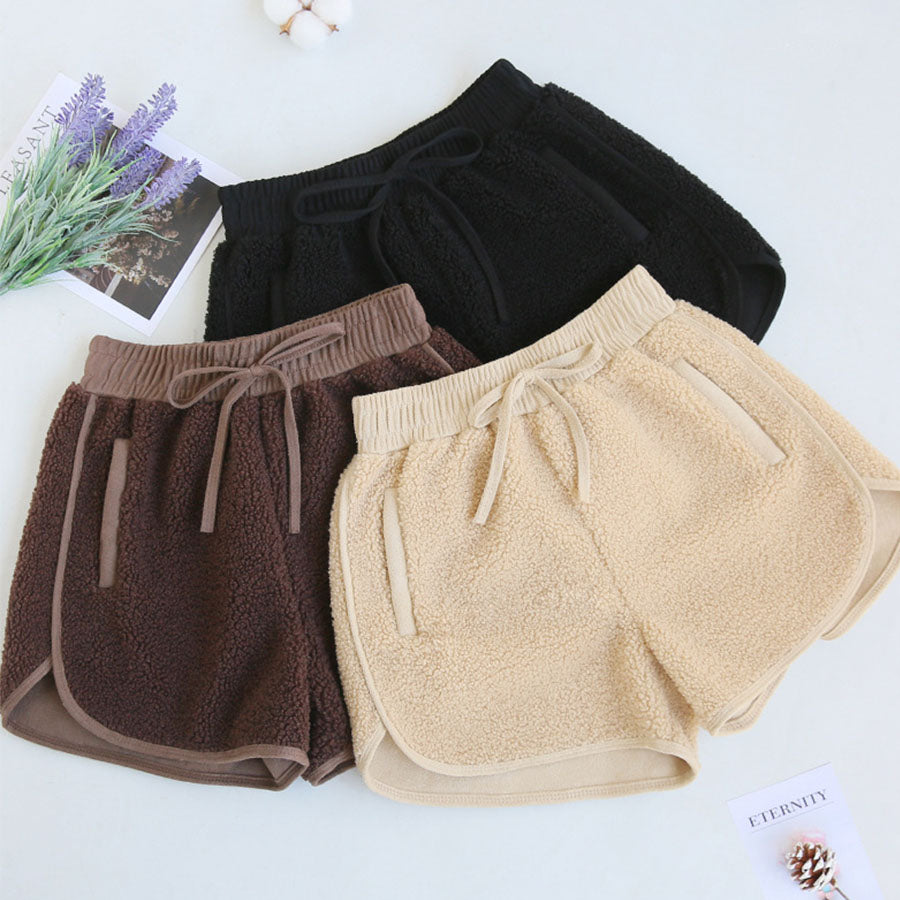 Shoppinggo shoppinggo Boa shorts, fleece lining, bottoms, elastic waist, loose winter pants, fluffy, cute, warm