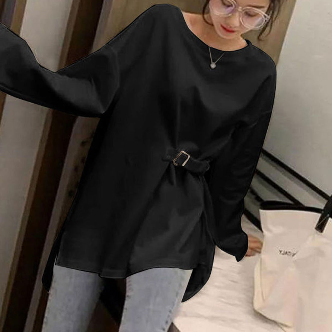 ショッピングゴー shoppinggo Tシャツ レディース 長袖 無地 カットソー 薄手 ベルトデザイン ラウンドネック シンプル ゆったり 体型カバー (ブラック) ブラック