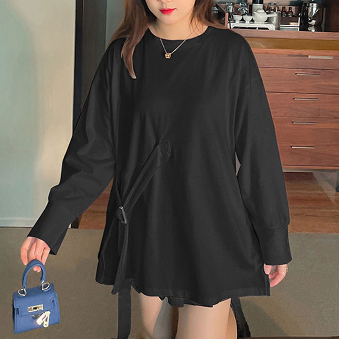 ショッピングゴー shoppinggo Tシャツ レディース 長袖 無地 カットソー 薄手 ベルトデザイン ラウンドネック シンプル ゆったり 体型カバー (ブラック) ブラック