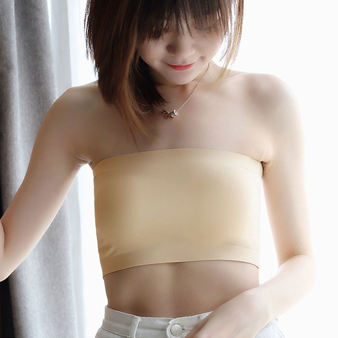 ショッピングゴー shoppinggo 夏服 ブラトップ カップ付きキャミソール チューブトップブラ セクシー パット付 インナー 韓国ファッション,ベージュ