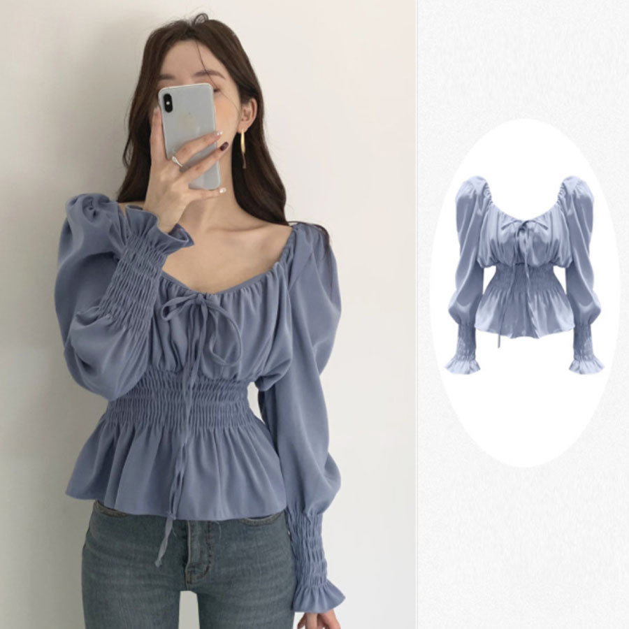 ショッピングゴー shoppinggo ブラウス レディース シャツ スクエアネックシャツ パフスリーブトップス オシャレブラウス 韓国風 大人可愛い,ブルー