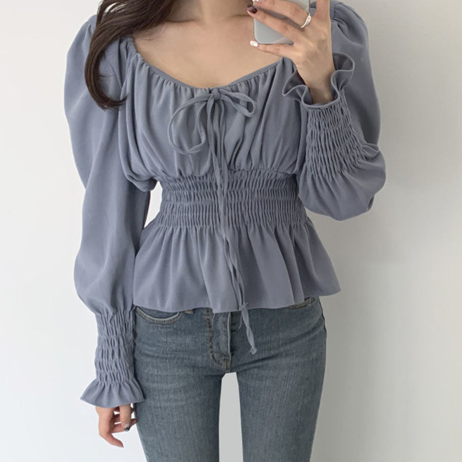 ショッピングゴー shoppinggo ブラウス レディース シャツ スクエアネックシャツ パフスリーブトップス オシャレブラウス 韓国風 大人可愛い