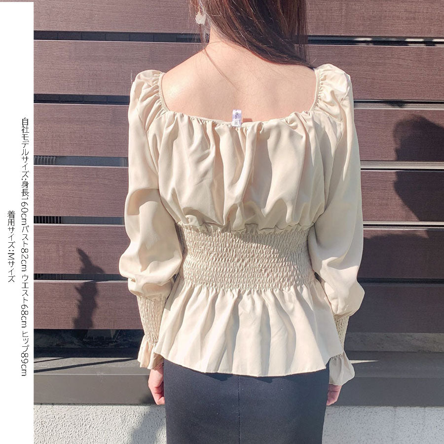 ショッピングゴー shoppinggo ブラウス レディース シャツ スクエアネックシャツ パフスリーブトップス オシャレブラウス 韓国風 大人可愛い