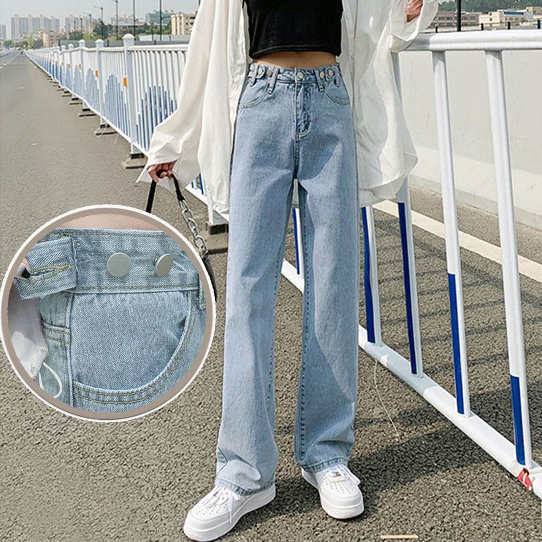 ショッピングゴー shoppinggo 美脚ストレートパンツ 着やせ セミワイドパンツ ボタン調整 ジーパン 高く見え ロングズボン オシャレ カジュアルパンツ