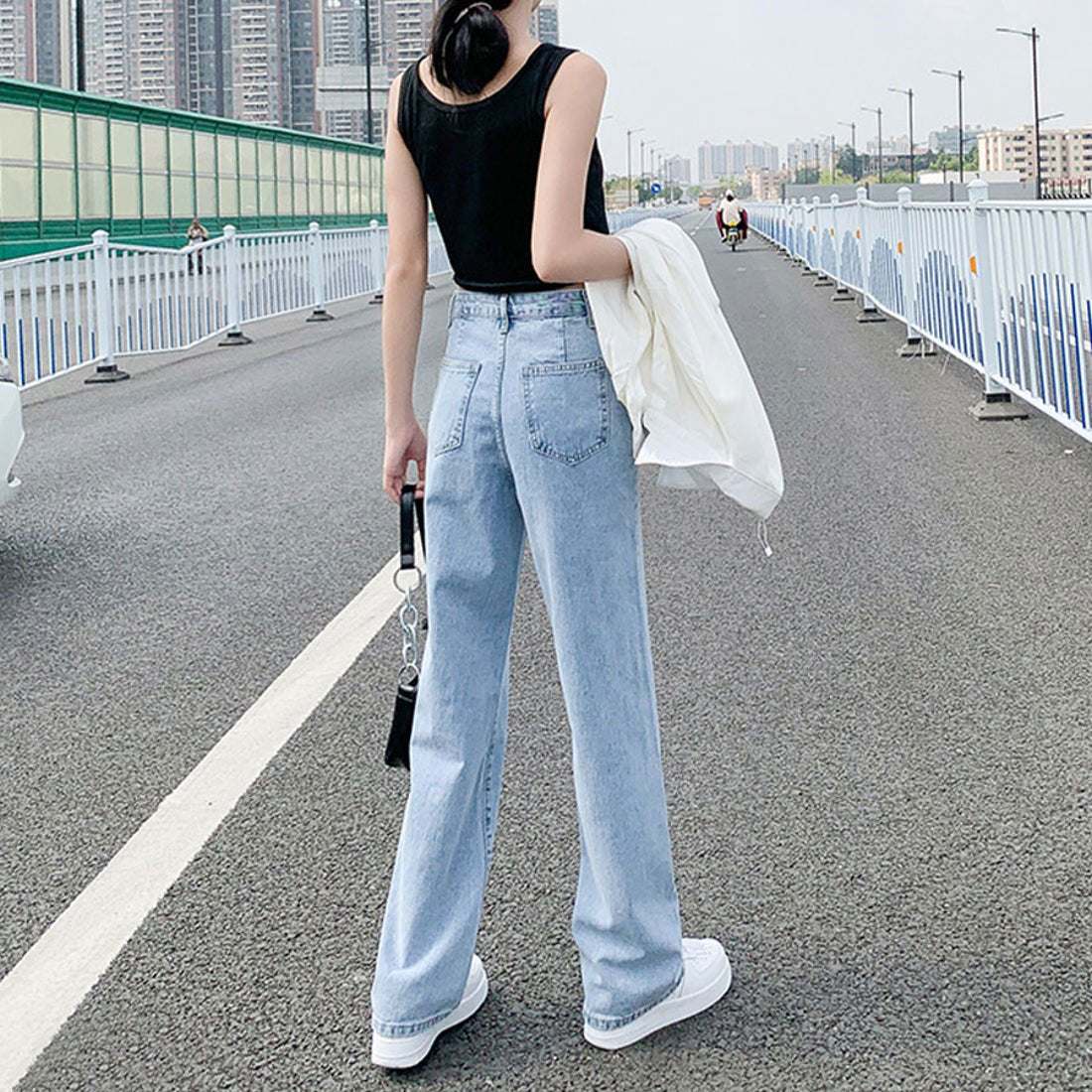 ショッピングゴー shoppinggo 美脚ストレートパンツ 着やせ セミワイドパンツ ボタン調整 ジーパン 高く見え ロングズボン オシャレ カジュアルパンツ