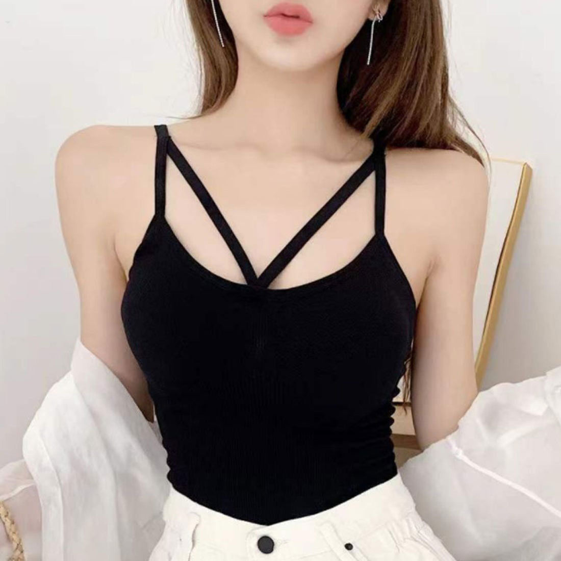 ショッピングゴー shoppinggo 夏服 カップ付きキャミソール キャミタンクトップ セクシー 胸元 無地 ブラ 白 黒 パット付 へそ出し インナーブラ (グリーン) グリーン