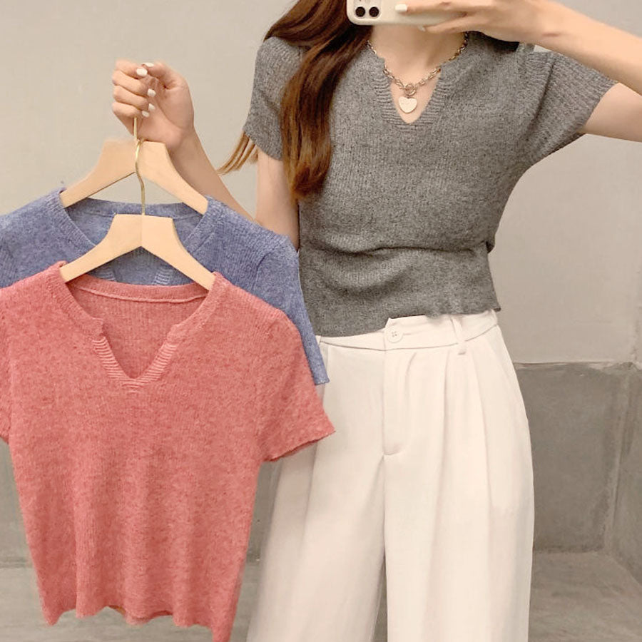ショッピングゴー shoppinggo サマーニット へそ出し トップス Vネック クロップド丈 Tシャツ レディース きれいめ ショート丈トップス ニットソー (ブラック) ブラック