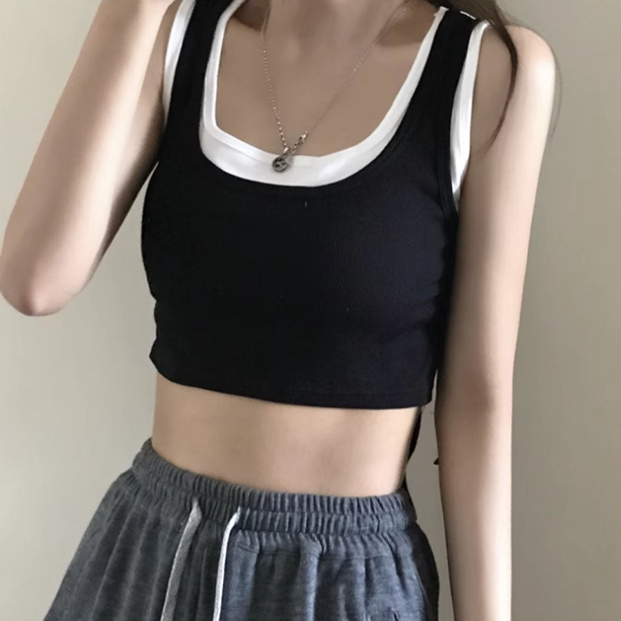 ショッピングゴー shoppinggo タンクトップ キャミソール レディーストップス 運動着 レイヤード ヨガ ジム ミニ丈 スクエアネック ノースリーブ  アウトドア