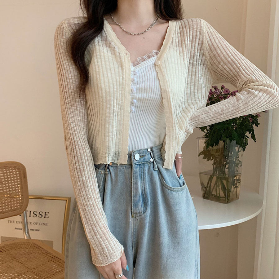 Shoppinggo Summer Cardigan, Openwork V-neck Cardigan, Top, Long Sleeve, Short Length, Front Opening, Sheer, Layering, Cute
