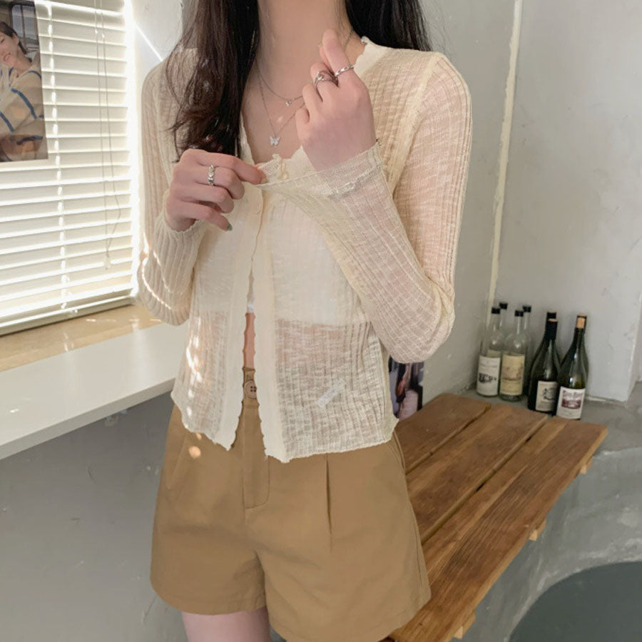 Shoppinggo Summer Cardigan, Openwork V-neck Cardigan, Top, Long Sleeve, Short Length, Front Opening, Sheer, Layering, Cute